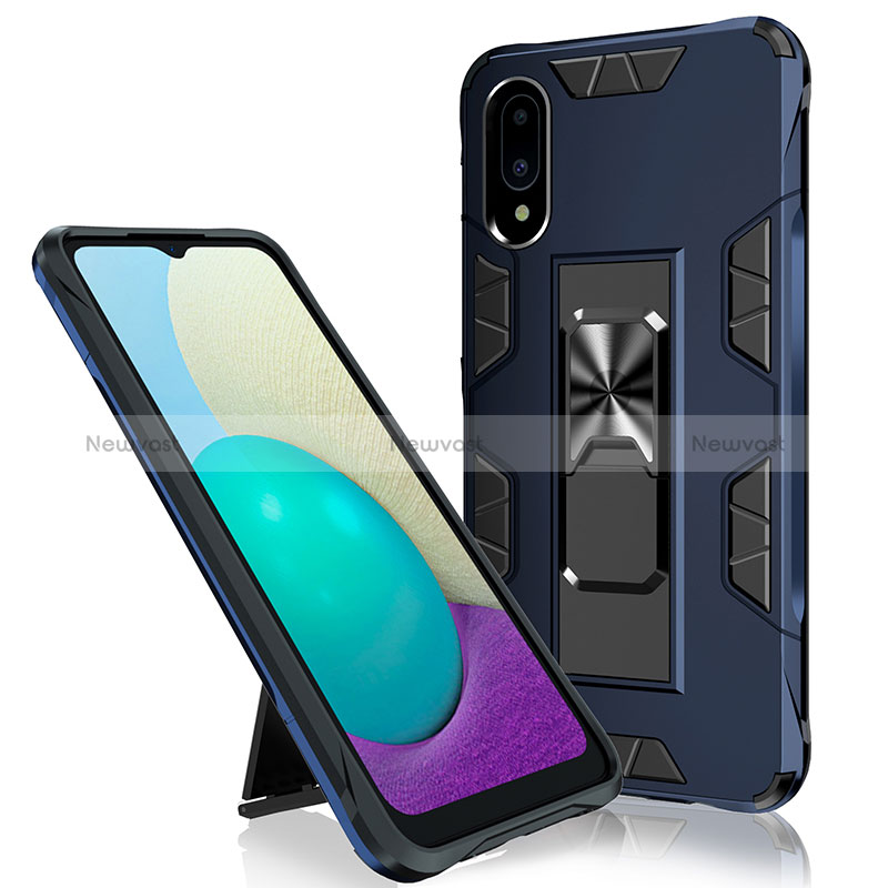 Silicone Matte Finish and Plastic Back Cover Case with Magnetic Stand MQ1 for Samsung Galaxy A02 Blue