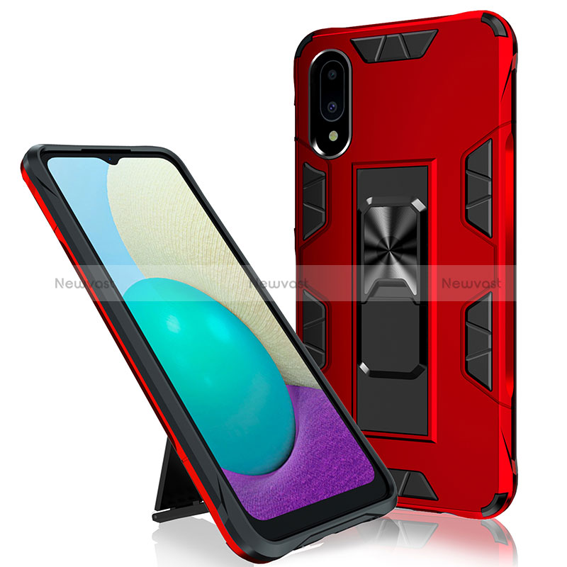 Silicone Matte Finish and Plastic Back Cover Case with Magnetic Stand MQ1 for Samsung Galaxy A02 Red