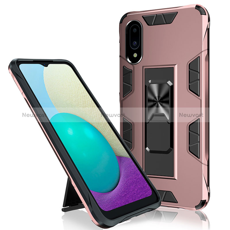 Silicone Matte Finish and Plastic Back Cover Case with Magnetic Stand MQ1 for Samsung Galaxy A02 Rose Gold