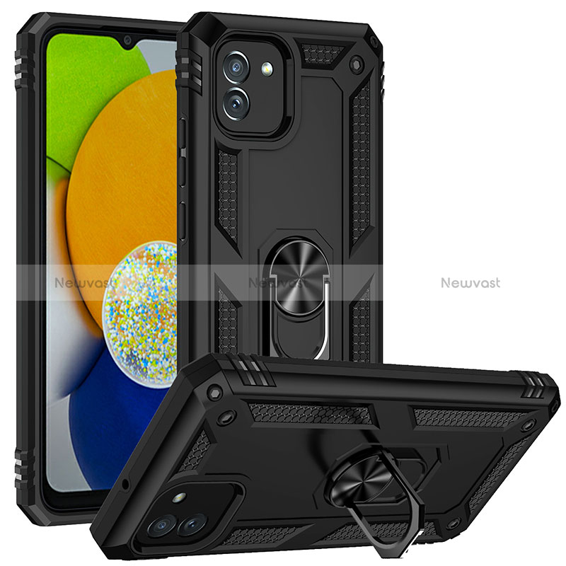 Silicone Matte Finish and Plastic Back Cover Case with Magnetic Stand MQ1 for Samsung Galaxy A03 Black