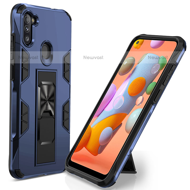 Silicone Matte Finish and Plastic Back Cover Case with Magnetic Stand MQ1 for Samsung Galaxy A11 Blue