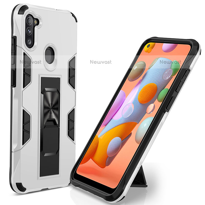 Silicone Matte Finish and Plastic Back Cover Case with Magnetic Stand MQ1 for Samsung Galaxy A11 White