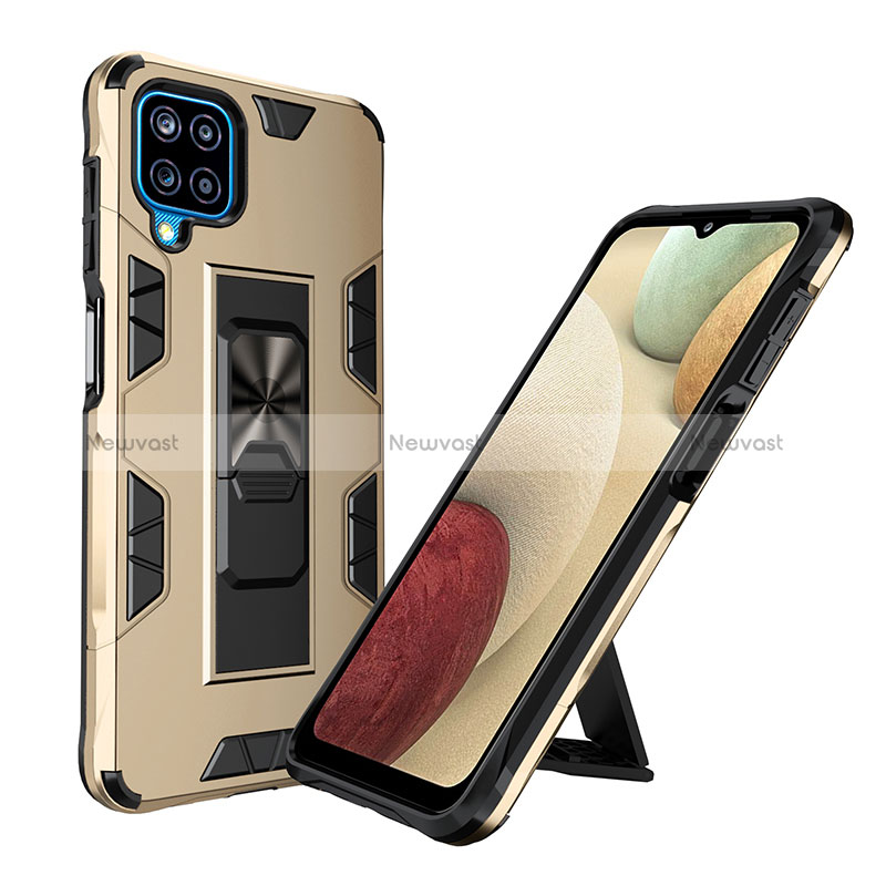 Silicone Matte Finish and Plastic Back Cover Case with Magnetic Stand MQ1 for Samsung Galaxy A12 5G Gold