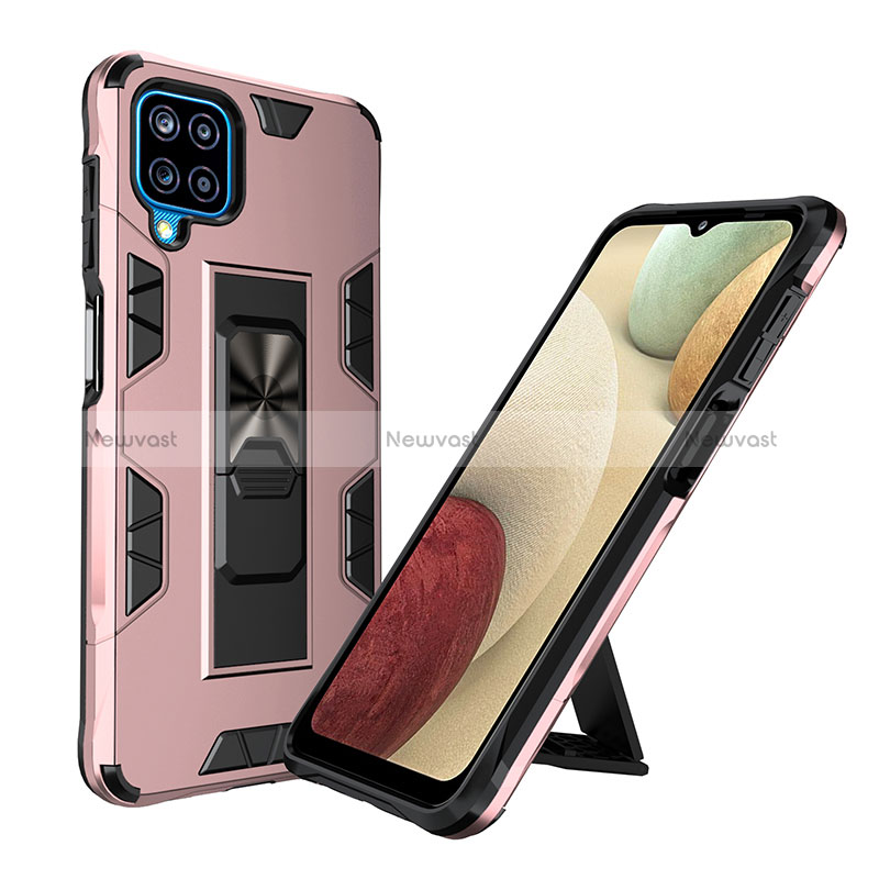 Silicone Matte Finish and Plastic Back Cover Case with Magnetic Stand MQ1 for Samsung Galaxy A12 Nacho Rose Gold