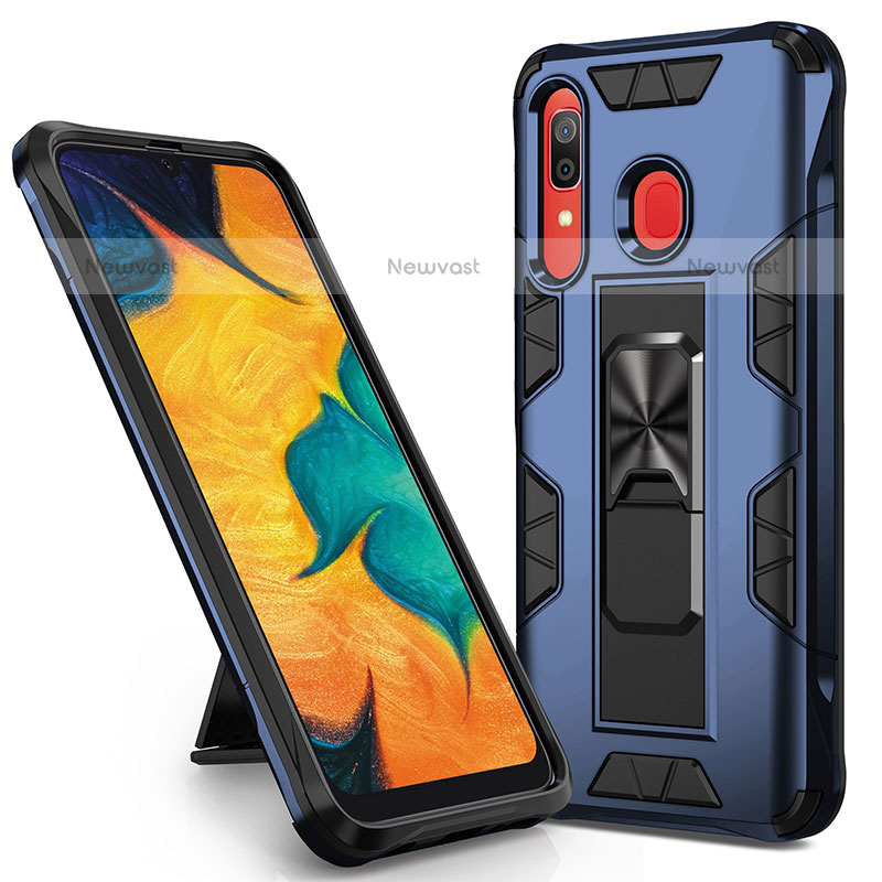 Silicone Matte Finish and Plastic Back Cover Case with Magnetic Stand MQ1 for Samsung Galaxy A20 Blue