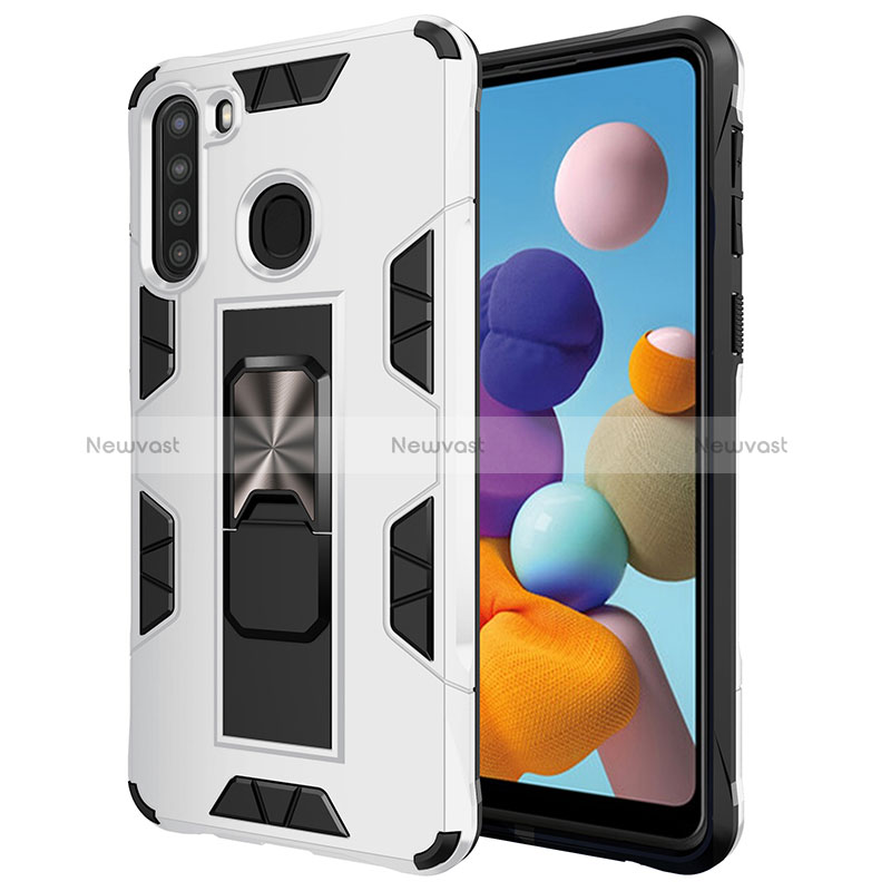 Silicone Matte Finish and Plastic Back Cover Case with Magnetic Stand MQ1 for Samsung Galaxy A21 White