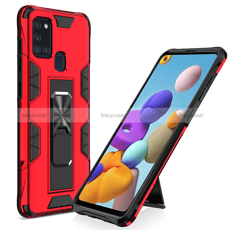 Silicone Matte Finish and Plastic Back Cover Case with Magnetic Stand MQ1 for Samsung Galaxy A21s Red