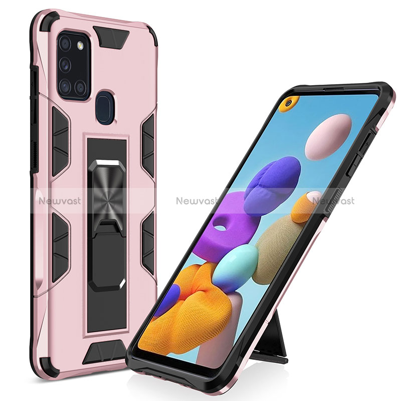 Silicone Matte Finish and Plastic Back Cover Case with Magnetic Stand MQ1 for Samsung Galaxy A21s Rose Gold