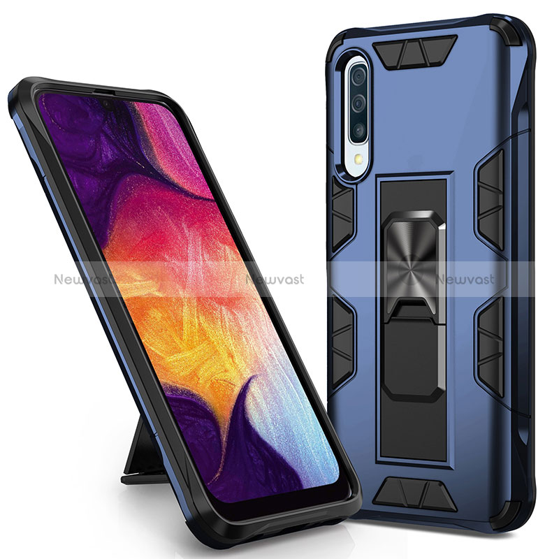 Silicone Matte Finish and Plastic Back Cover Case with Magnetic Stand MQ1 for Samsung Galaxy A30S Blue