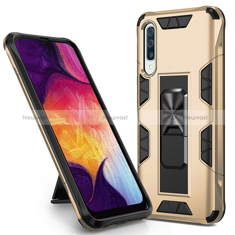 Silicone Matte Finish and Plastic Back Cover Case with Magnetic Stand MQ1 for Samsung Galaxy A30S Gold