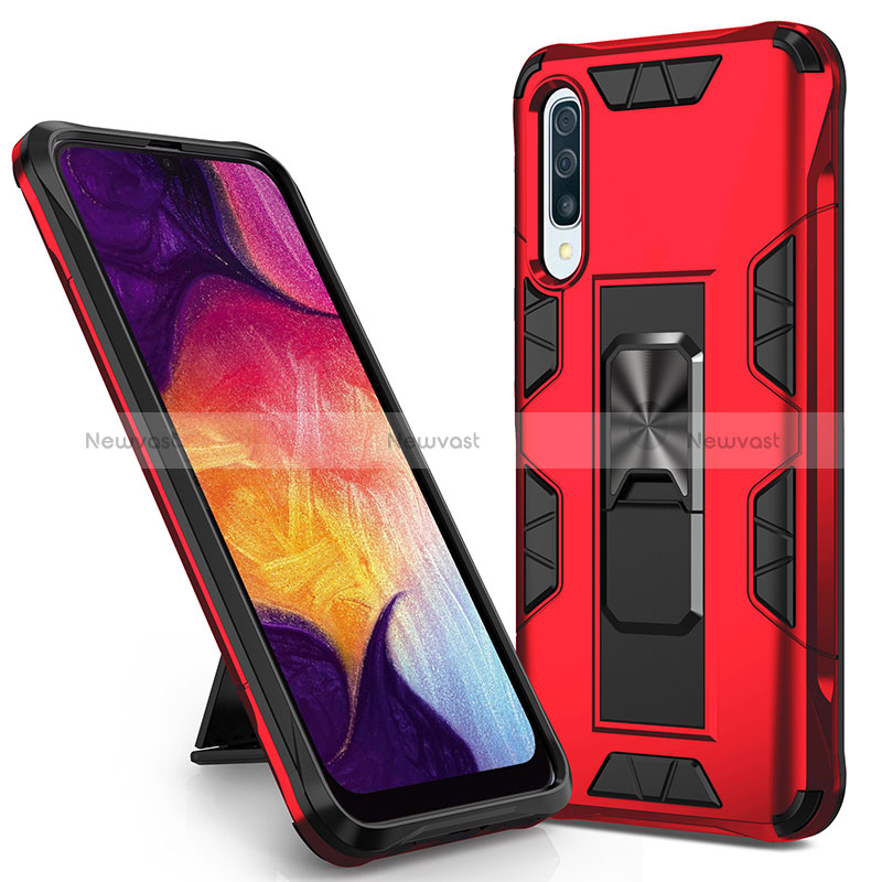 Silicone Matte Finish and Plastic Back Cover Case with Magnetic Stand MQ1 for Samsung Galaxy A30S Red