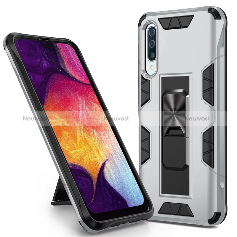 Silicone Matte Finish and Plastic Back Cover Case with Magnetic Stand MQ1 for Samsung Galaxy A30S Silver