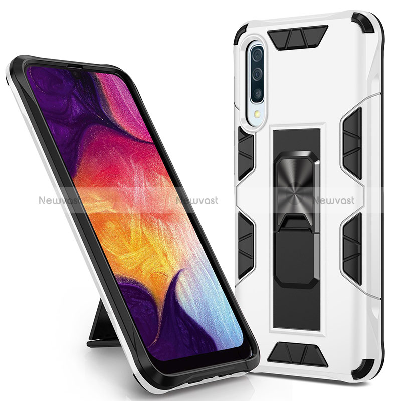 Silicone Matte Finish and Plastic Back Cover Case with Magnetic Stand MQ1 for Samsung Galaxy A30S White