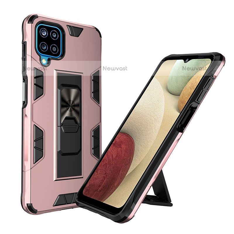 Silicone Matte Finish and Plastic Back Cover Case with Magnetic Stand MQ1 for Samsung Galaxy F12