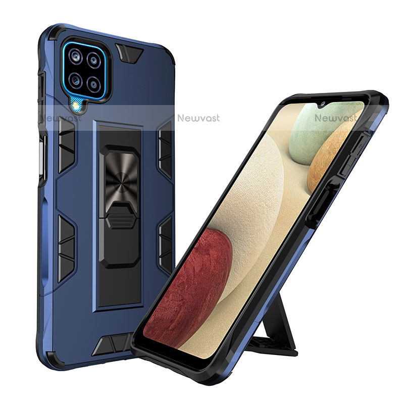 Silicone Matte Finish and Plastic Back Cover Case with Magnetic Stand MQ1 for Samsung Galaxy F12 Blue