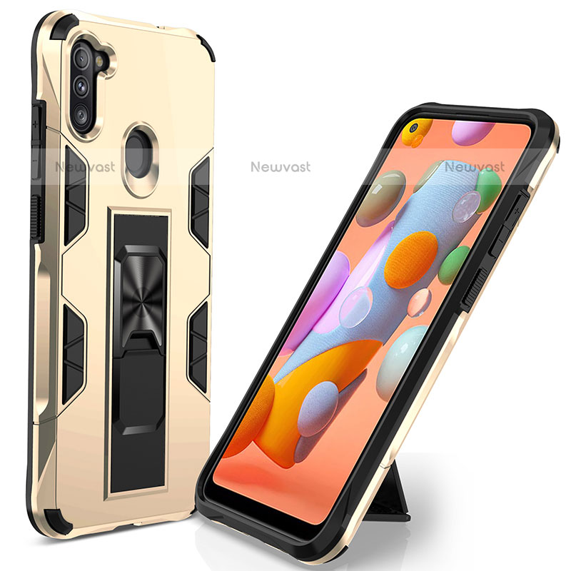 Silicone Matte Finish and Plastic Back Cover Case with Magnetic Stand MQ1 for Samsung Galaxy M11 Gold