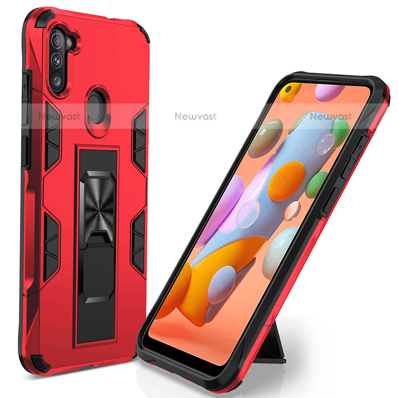 Silicone Matte Finish and Plastic Back Cover Case with Magnetic Stand MQ1 for Samsung Galaxy M11 Red