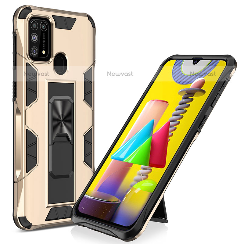 Silicone Matte Finish and Plastic Back Cover Case with Magnetic Stand MQ1 for Samsung Galaxy M31 Gold