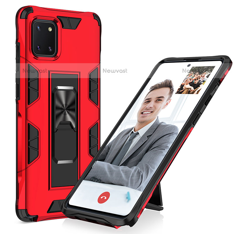 Silicone Matte Finish and Plastic Back Cover Case with Magnetic Stand MQ1 for Samsung Galaxy Note 10 Lite Red