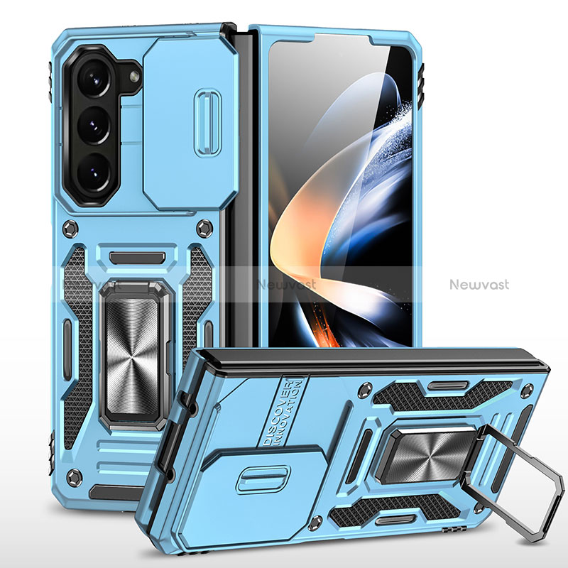 Silicone Matte Finish and Plastic Back Cover Case with Magnetic Stand MQ1 for Samsung Galaxy Z Fold5 5G Sky Blue