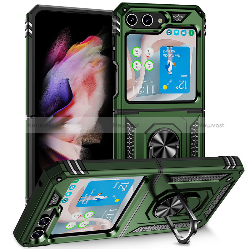 Silicone Matte Finish and Plastic Back Cover Case with Magnetic Stand MQ2 for Samsung Galaxy Z Flip5 5G Green