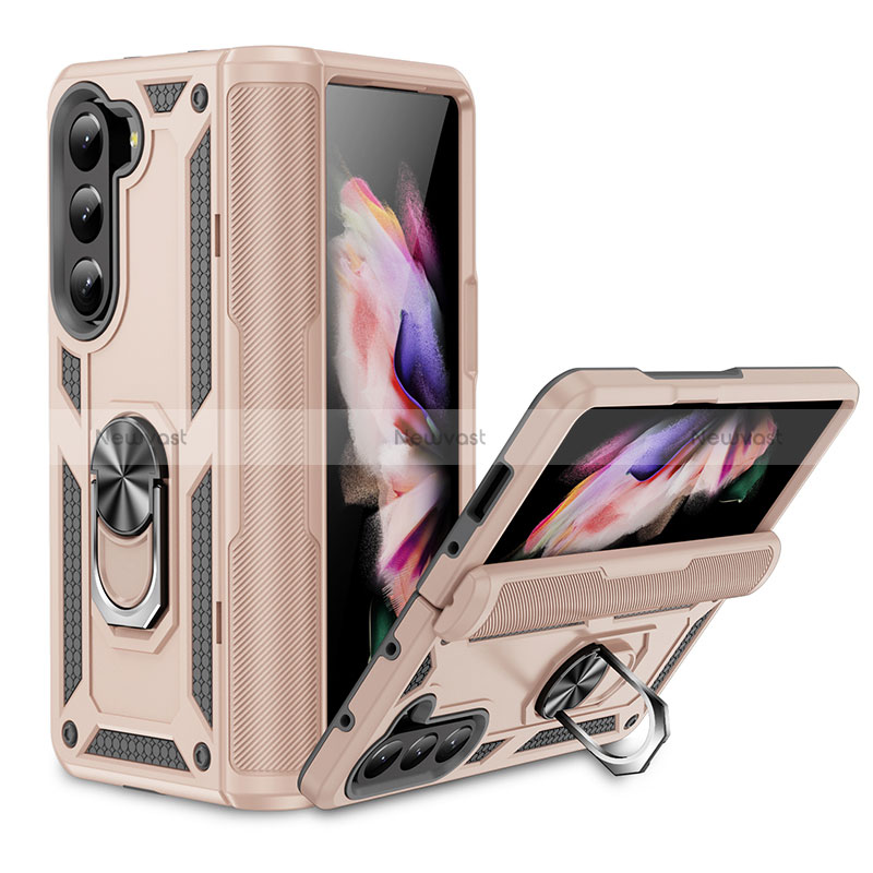 Silicone Matte Finish and Plastic Back Cover Case with Magnetic Stand MQ2 for Samsung Galaxy Z Fold5 5G Gold