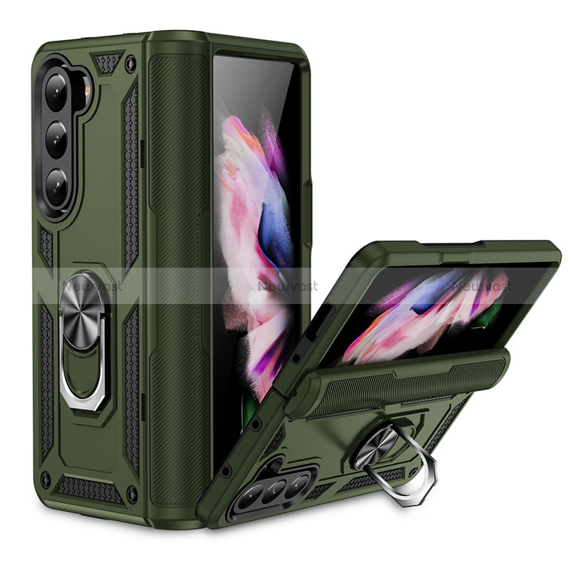 Silicone Matte Finish and Plastic Back Cover Case with Magnetic Stand MQ2 for Samsung Galaxy Z Fold5 5G Green