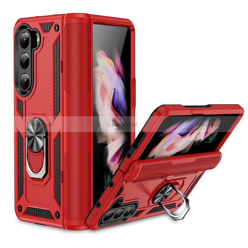 Silicone Matte Finish and Plastic Back Cover Case with Magnetic Stand MQ2 for Samsung Galaxy Z Fold5 5G Red