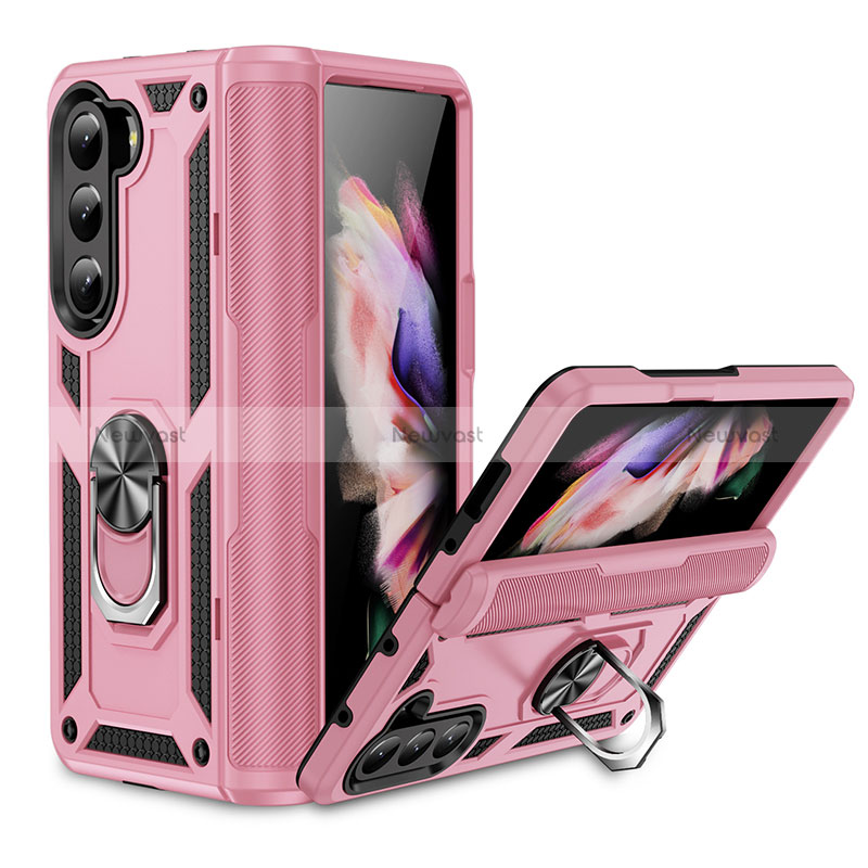 Silicone Matte Finish and Plastic Back Cover Case with Magnetic Stand MQ2 for Samsung Galaxy Z Fold5 5G Rose Gold