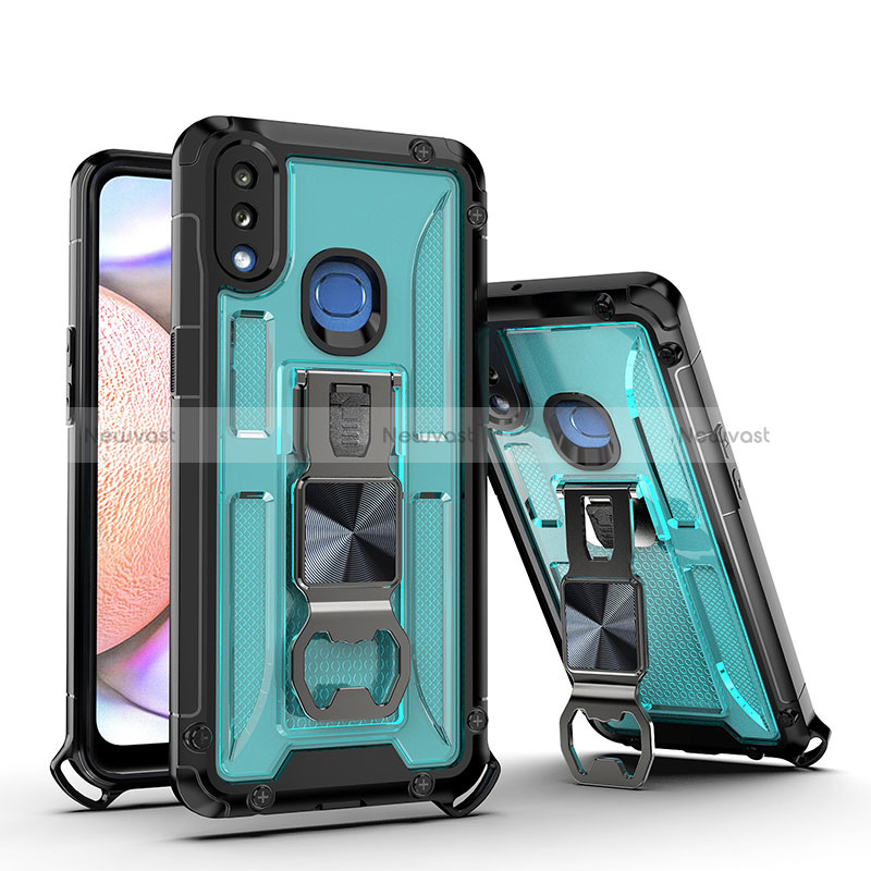 Silicone Matte Finish and Plastic Back Cover Case with Magnetic Stand Q01W for Samsung Galaxy A10s Sky Blue
