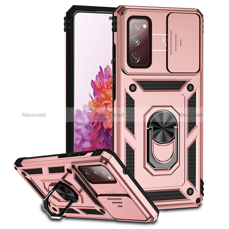 Silicone Matte Finish and Plastic Back Cover Case with Magnetic Stand Q01W for Samsung Galaxy S20 Lite 5G Rose Gold