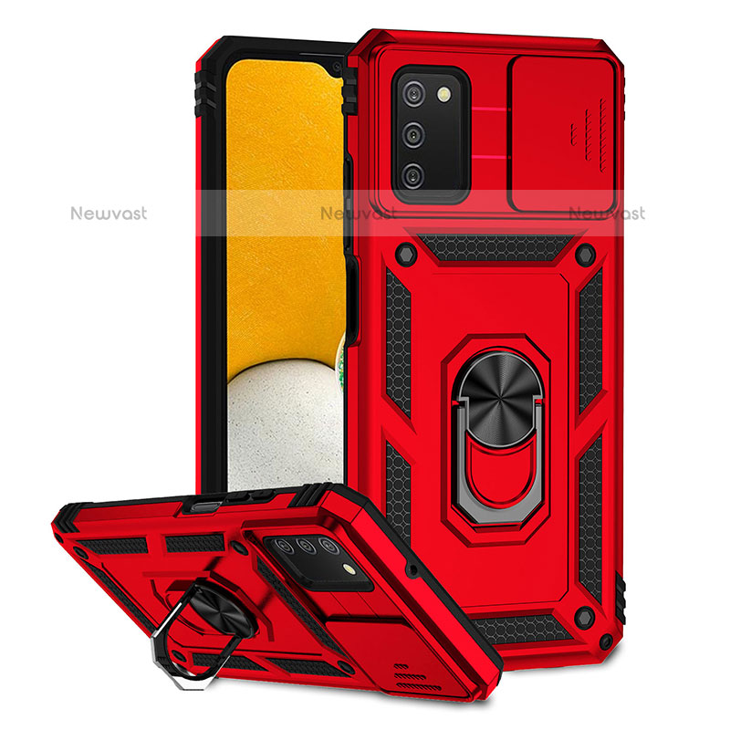 Silicone Matte Finish and Plastic Back Cover Case with Magnetic Stand Q02W for Samsung Galaxy A02s Red