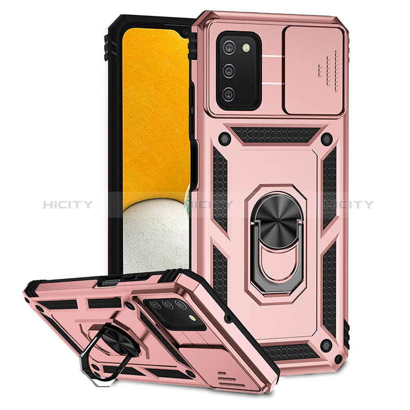 Silicone Matte Finish and Plastic Back Cover Case with Magnetic Stand Q02W for Samsung Galaxy A03s Rose Gold