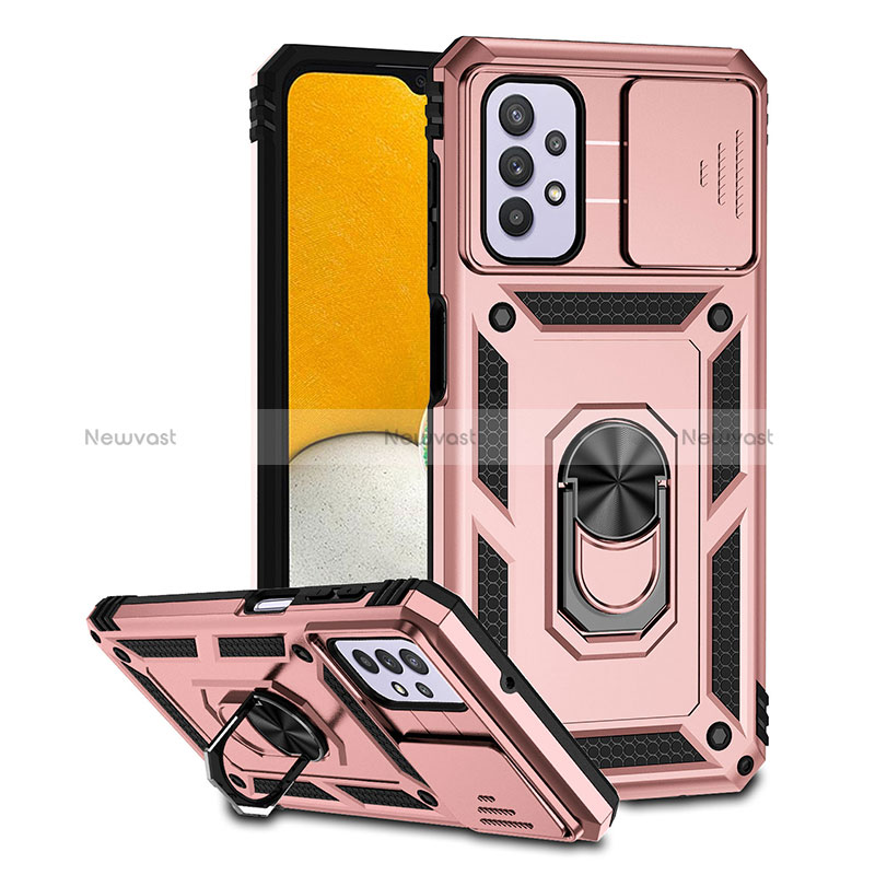 Silicone Matte Finish and Plastic Back Cover Case with Magnetic Stand Q02W for Samsung Galaxy A32 4G Rose Gold