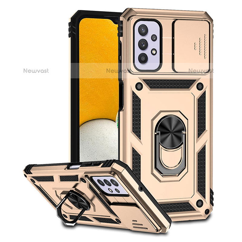 Silicone Matte Finish and Plastic Back Cover Case with Magnetic Stand Q02W for Samsung Galaxy M32 5G Gold