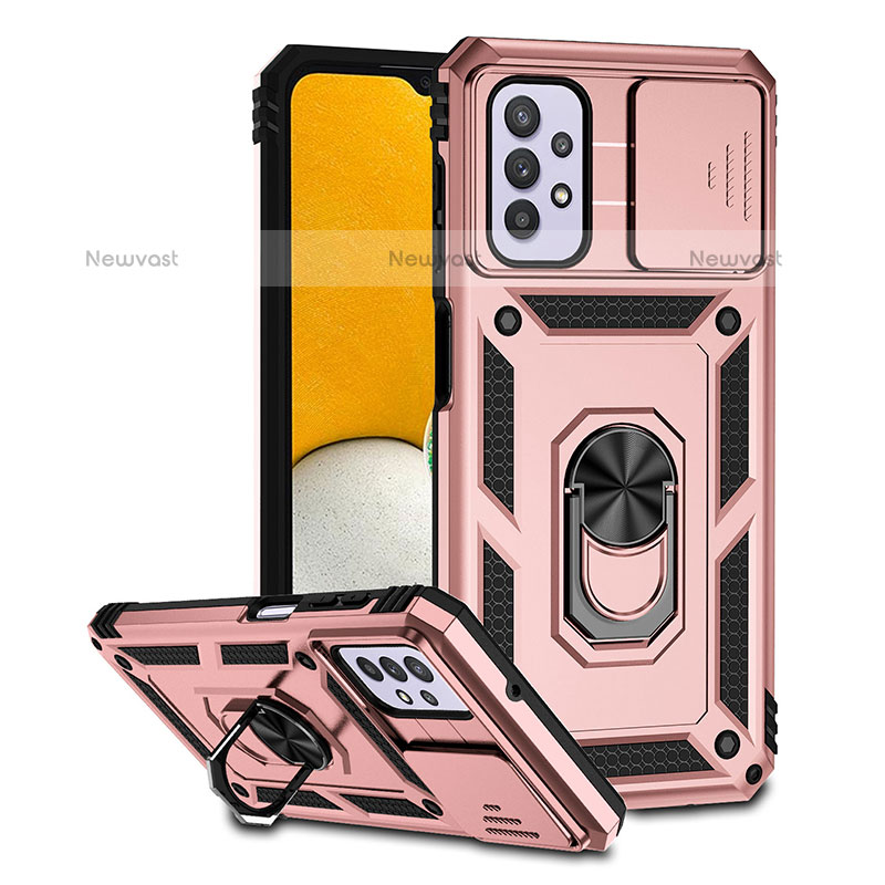 Silicone Matte Finish and Plastic Back Cover Case with Magnetic Stand Q02W for Samsung Galaxy M32 5G Rose Gold