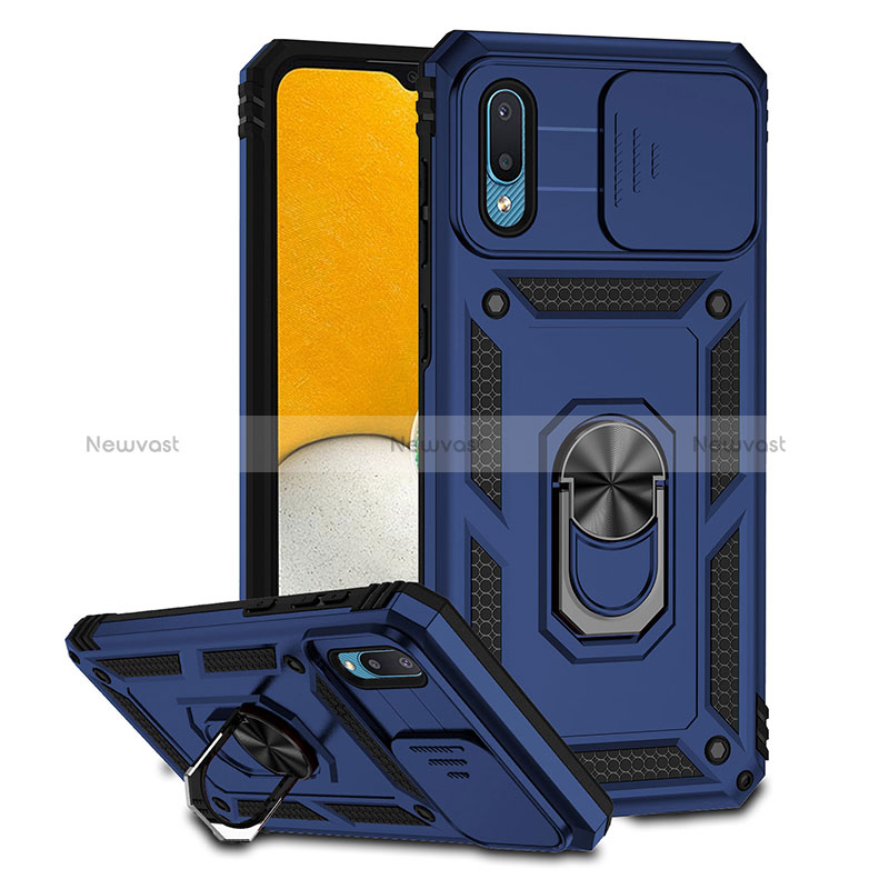 Silicone Matte Finish and Plastic Back Cover Case with Magnetic Stand QW2 for Samsung Galaxy A02 Blue