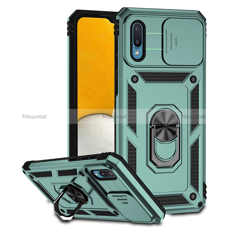 Silicone Matte Finish and Plastic Back Cover Case with Magnetic Stand QW2 for Samsung Galaxy A02 Green