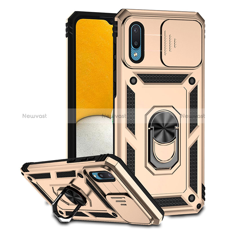 Silicone Matte Finish and Plastic Back Cover Case with Magnetic Stand QW2 for Samsung Galaxy M02 Gold