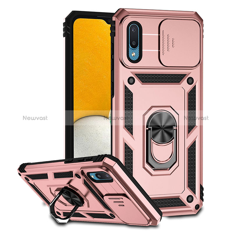 Silicone Matte Finish and Plastic Back Cover Case with Magnetic Stand QW2 for Samsung Galaxy M02 Rose Gold