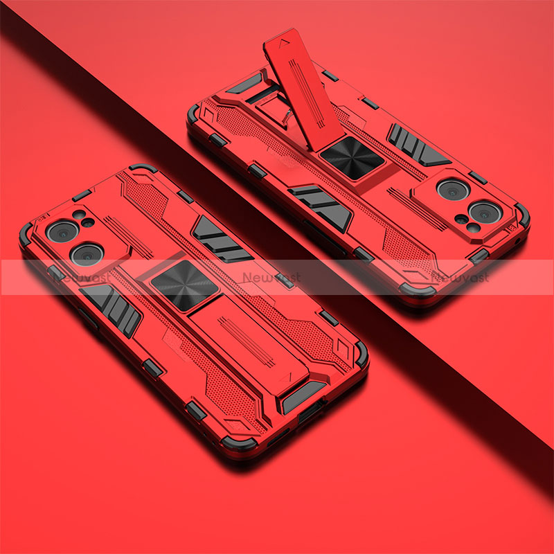 Silicone Matte Finish and Plastic Back Cover Case with Magnetic Stand T01 for OnePlus Nord CE 2 5G Red