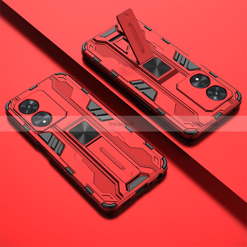 Silicone Matte Finish and Plastic Back Cover Case with Magnetic Stand T01 for Oppo A1x 5G Red