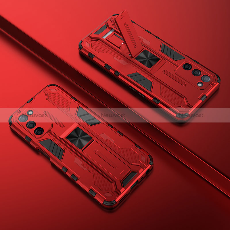 Silicone Matte Finish and Plastic Back Cover Case with Magnetic Stand T01 for Oppo A53s 5G Red