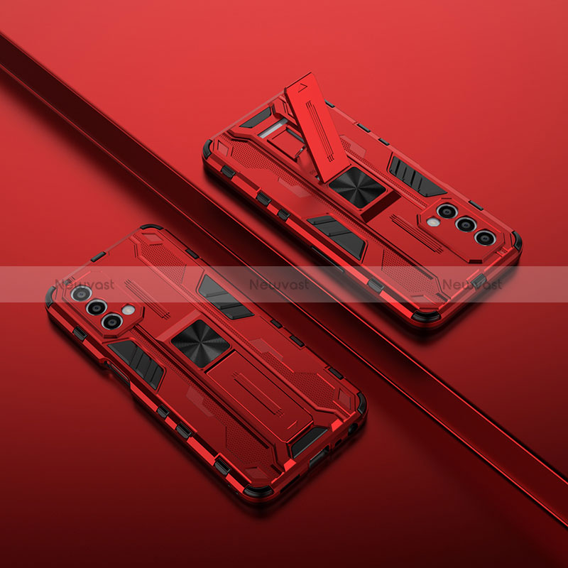 Silicone Matte Finish and Plastic Back Cover Case with Magnetic Stand T01 for Oppo A54 5G Red