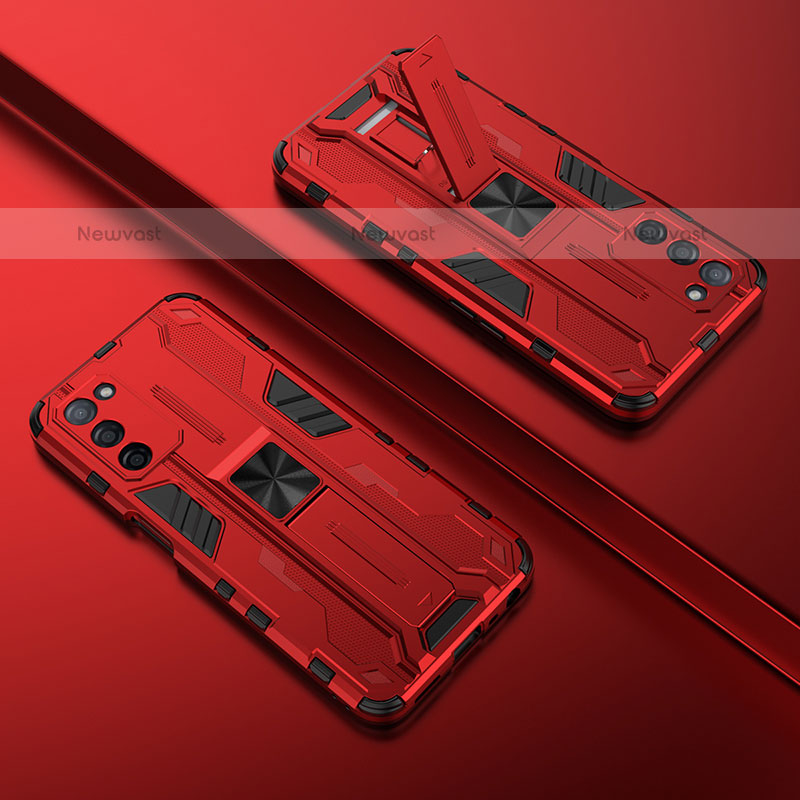 Silicone Matte Finish and Plastic Back Cover Case with Magnetic Stand T01 for Oppo A55 5G Red