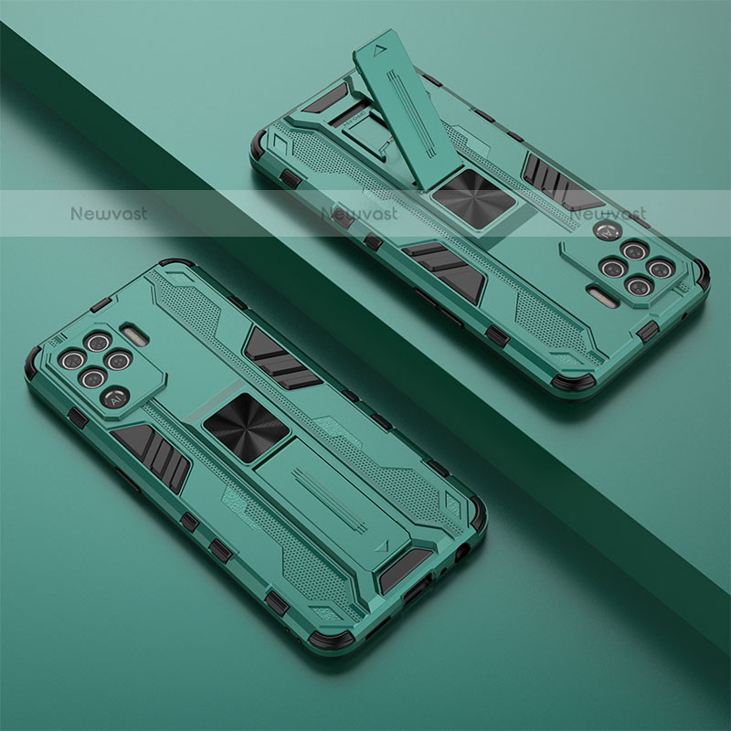 Silicone Matte Finish and Plastic Back Cover Case with Magnetic Stand T01 for Oppo A94 4G Green