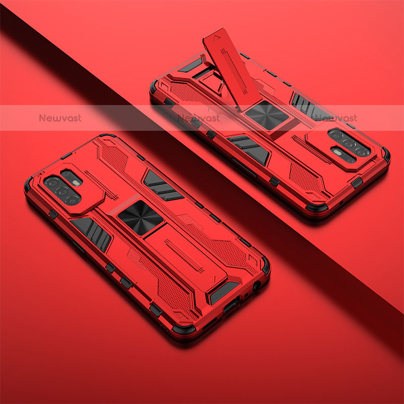 Silicone Matte Finish and Plastic Back Cover Case with Magnetic Stand T01 for Oppo F19 Pro+ Plus 5G Red