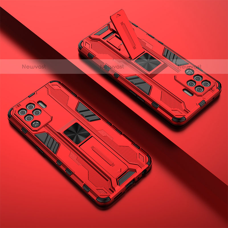 Silicone Matte Finish and Plastic Back Cover Case with Magnetic Stand T01 for Oppo F19 Pro Red