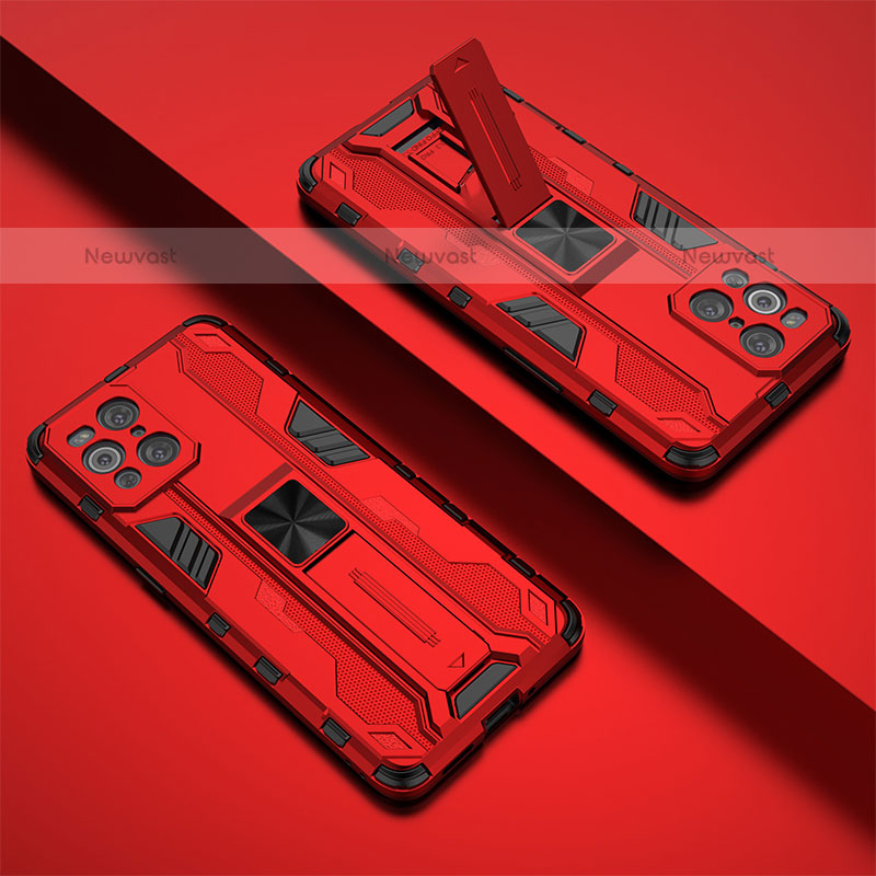 Silicone Matte Finish and Plastic Back Cover Case with Magnetic Stand T01 for Oppo Find X3 Pro 5G Red