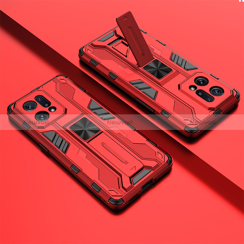 Silicone Matte Finish and Plastic Back Cover Case with Magnetic Stand T01 for Oppo Find X5 5G Red